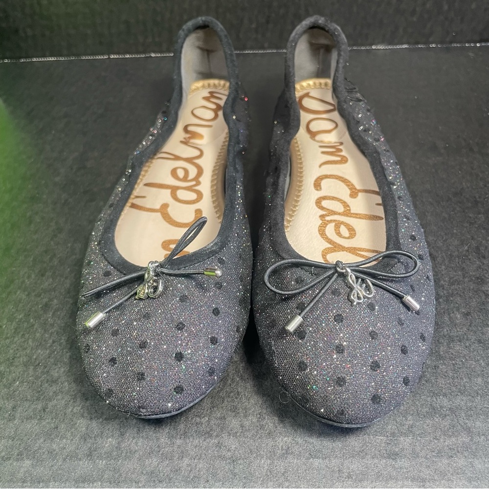 BNIB SAM EDELMAN BLACK METALLIC MULTI DOT GLITTERY FLATS SIZE 6M
